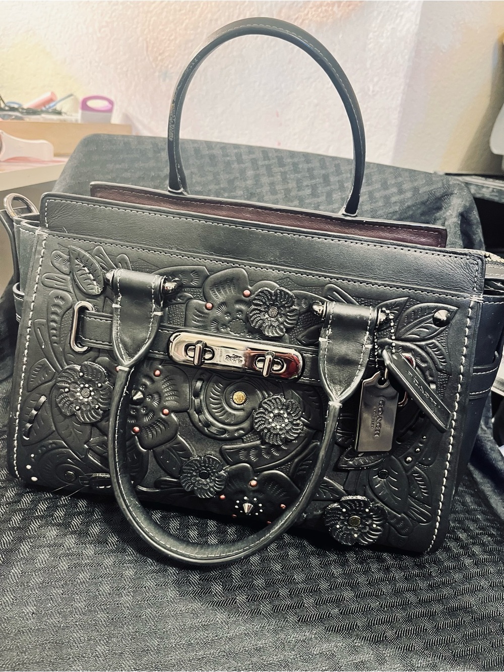 Coach Swagger 27 Black Leather Tea Rose Floral Tooled Satchel 11854